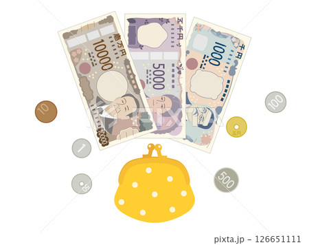 新札と硬貨とがま口財布のお金や家計をイメージしたイラスト 126651111