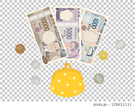 新札と硬貨とがま口財布のお金や家計をイメージしたイラスト 126651111