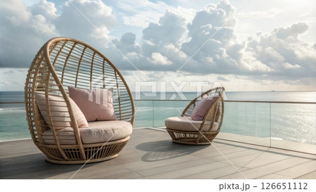 Curved rattan chairs enveloped in pastel cushions offer a perfect spot to sip refreshing beverages. Their open weave allows ocean breezes to flow through enhancing the coastal. Curved rattan chairs enveloped in pastel cushions offer a perfect spot to sip refreshing beverages. Their open weave allows ocean breezes to flow through enhancing the coastal. 126651112