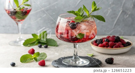 Mocktail Presentation A colorful nonalcoholic mocktail served in a stylish glass with garnishes like mint leaves and berries emphasizing lowsugar beverage choices that still feel. Mocktail Presentation A colorful nonalcoholic mocktail served in a stylish glass with garnishes like mint leaves and berries emphasizing lowsugar beverage choices that still feel. 126651223