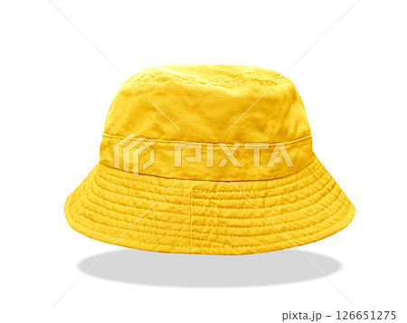 Yellow bucket hat floating on white background. Yellow bucket hat floating on white background. 126651275