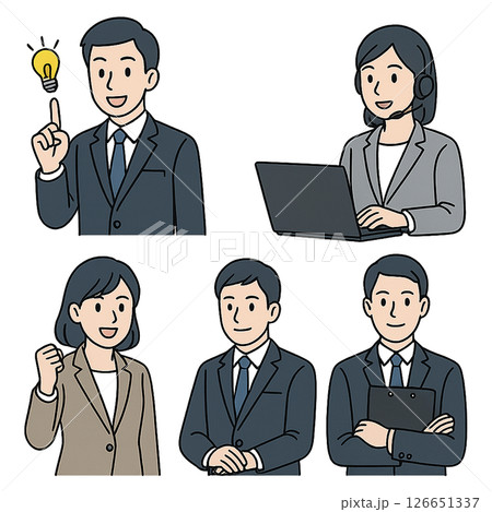 ビジネスシーンを描いた人物イラスト5種セット（背景透過PNG） 126651337