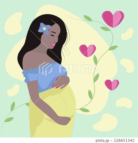 Pregnant woman, brunette. Vector illustration with boho style accents and paper cut effects 126651342