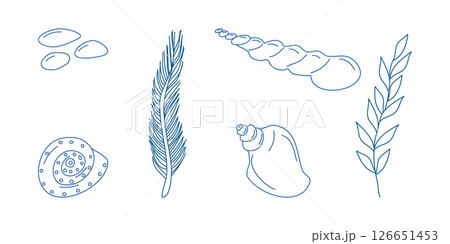 Marine elements doodle style set in blue la dolce vita. Italian style. Undersea world. Menu design of postcard and poster. Vector illustration. 126651453