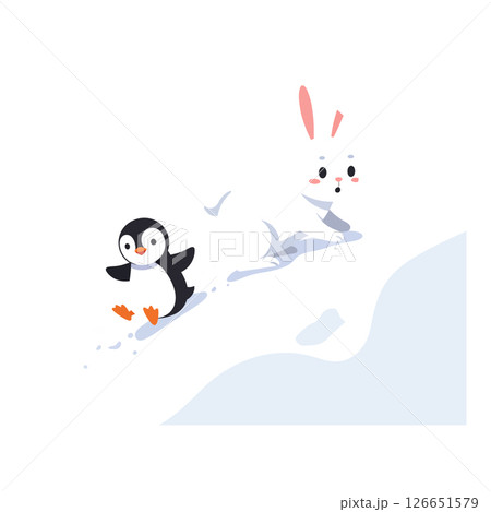 Penguin and Rabbit Sliding Down Snowy Hill Cute Winter Animal Vector Illustration for T Shirt Prints 126651579