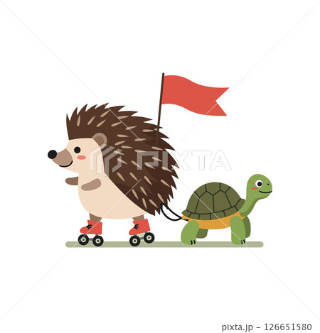 Hedgehog wearing roller skates pulling turtle with red flag vector illustration for tshirt designs and print projects 126651580