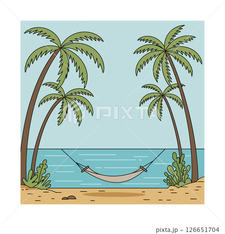 Tropical beach hammock between palm trees with ocean view and sandy shore vector illustration 126651704