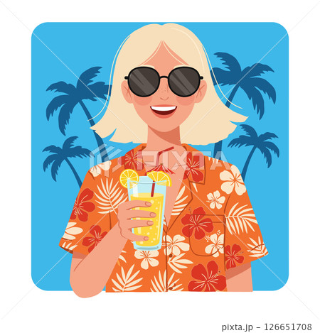 Woman in orange floral shirt holding lemon drink with palm trees background vector illustration Woman in orange floral shirt holding lemon drink with palm trees background vector illustration 126651708