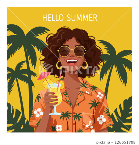 Woman enjoying summer cocktail with palm trees tropical theme and yellow background 126651709