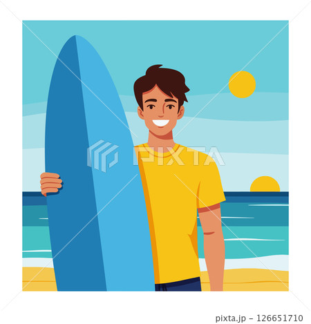 Young man holding blue surfboard at sunny beach with ocean waves and yellow sun vector illustration Young man holding blue surfboard at sunny beach with ocean waves and yellow sun vector illustration 126651710