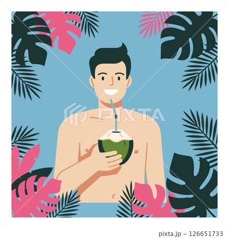 Man drinking coconut water surrounded by tropical leaves summer lifestyle vector illustration Man drinking coconut water surrounded by tropical leaves summer lifestyle vector illustration 126651733