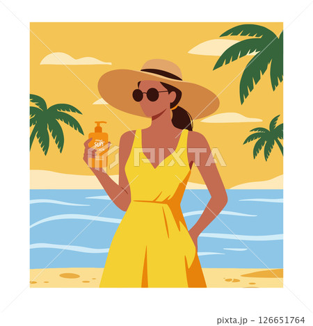 Woman in yellow dress with sun hat holding sunscreen bottle on tropical beach vector illustration 126651764