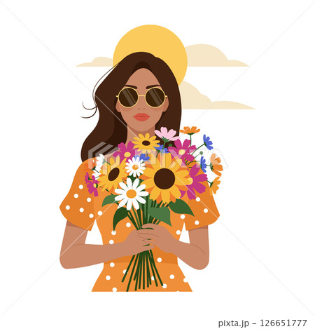 Woman in orange dress holding colorful bouquet of flowers with sunglasses vector illustration 126651777