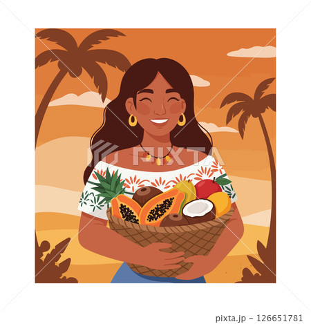 Woman holding basket with tropical fruits palm trees sunset background vector illustration 126651781