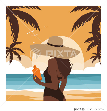 Woman in black swimsuit holding sunscreen on tropical beach with palm trees and sunset vector illustration 126651787