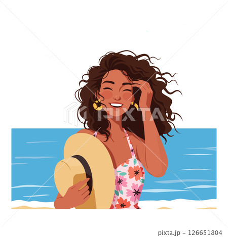 Woman enjoying summer beach day with floral swimsuit and sun hat vector illustration Woman enjoying summer beach day with floral swimsuit and sun hat vector illustration 126651804