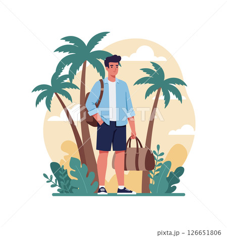 Young man with travel bag standing near palm trees in tropical setting vector illustration Young man with travel bag standing near palm trees in tropical setting vector illustration 126651806