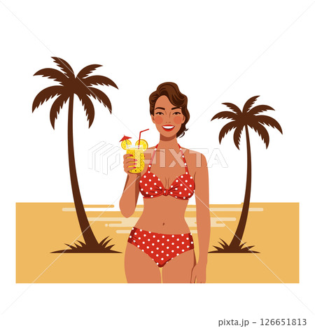 Woman in red polka dot bikini holding tropical drink with palm trees summer beach scene vector Woman in red polka dot bikini holding tropical drink with palm trees summer beach scene vector 126651813