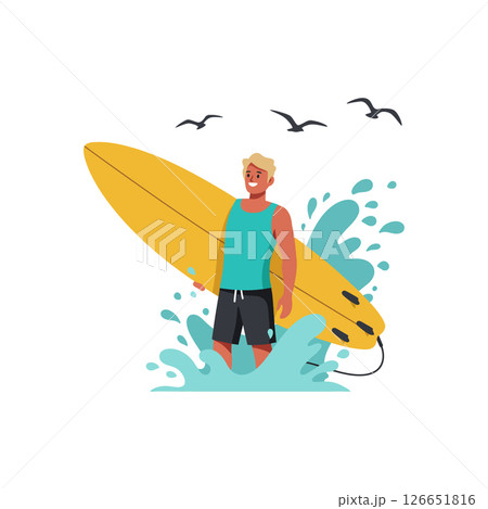 Surfer with yellow surfboard entering ocean waves with birds flying overhead vector illustration Surfer with yellow surfboard entering ocean waves with birds flying overhead vector illustration 126651816
