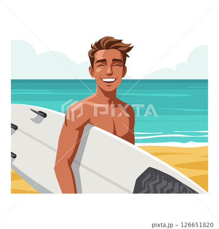 Young man smiling with surfboard on beach by ocean waves summer scene vector illustration 126651820