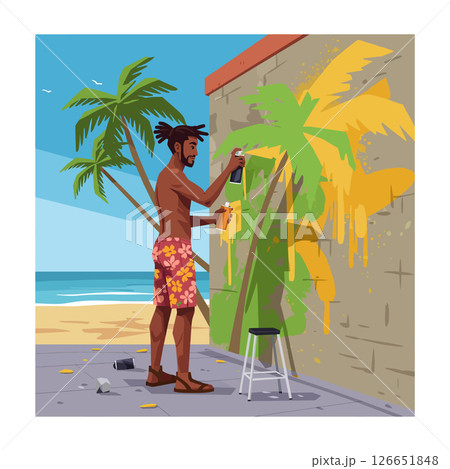 Man spray painting colorful graffiti art on wall by beach with palm trees vector illustration Man spray painting colorful graffiti art on wall by beach with palm trees vector illustration 126651848