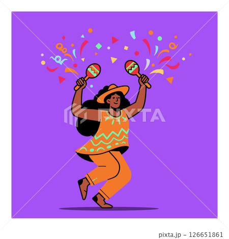 Woman Dancing with Maracas in Colorful Outfit on Purple Background Vector Illustration 126651861