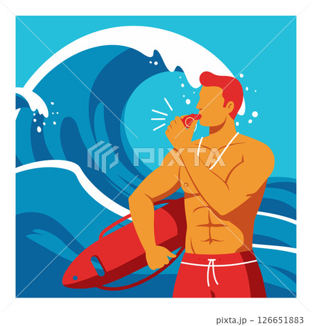 Lifeguard blowing whistle with red rescue buoy and ocean wave background vector illustration Lifeguard blowing whistle with red rescue buoy and ocean wave background vector illustration 126651883