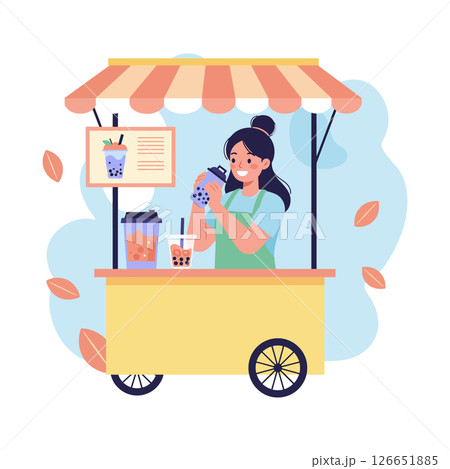 Bubble tea vendor selling refreshing drinks at outdoor cart with striped canopy and colorful cups Bubble tea vendor selling refreshing drinks at outdoor cart with striped canopy and colorful cups 126651885