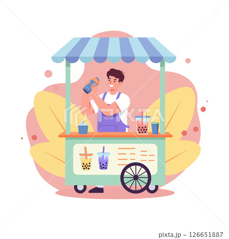 Bubble Tea Vendor Preparing Drinks at Street Cart with Colorful Awning and Cups Bubble Tea Vendor Preparing Drinks at Street Cart with Colorful Awning and Cups 126651887
