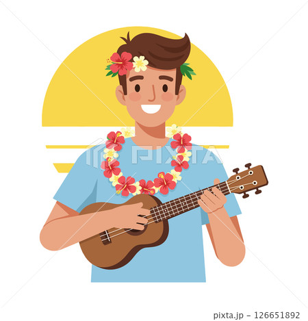 Young man playing ukulele with flower lei and tropical background vector illustration Young man playing ukulele with flower lei and tropical background vector illustration 126651892