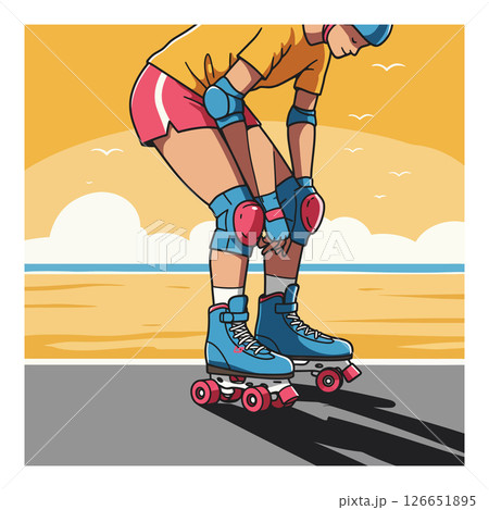 Roller Skater Wearing Protective Gear on Sunset Beach Skateboard Path Vector Illustration 126651895