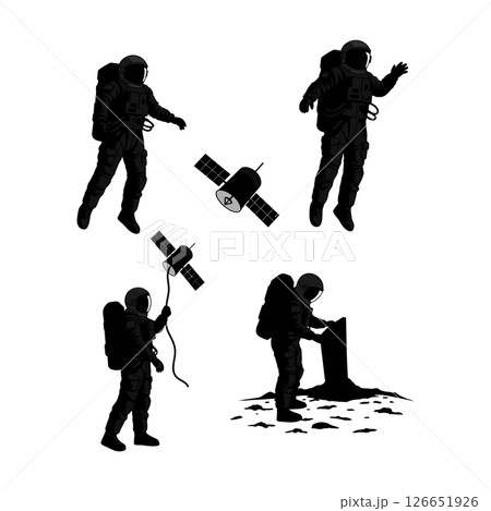 Astronauts in space performing various activities with satellite vector illustration 126651926