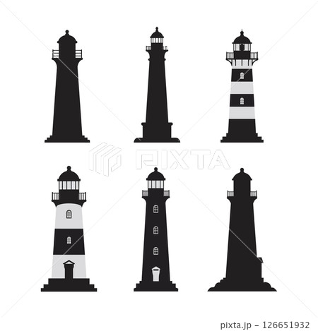 Lighthouse silhouette and striped lighthouse vector collection for nautical and coastal design 126651932