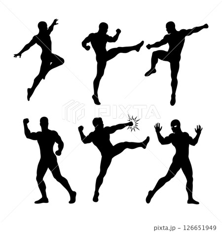 Silhouettes of Martial Arts Fighters in Various Dynamic Fighting Poses Vector Illustration 126651949