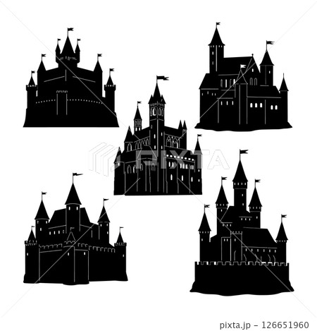 Medieval castle silhouettes collection black vector illustration fantasy architecture design 126651960