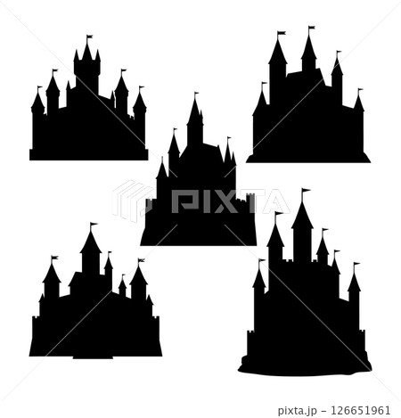 Castle silhouettes collection with multiple turrets and flags vector illustration set 126651961