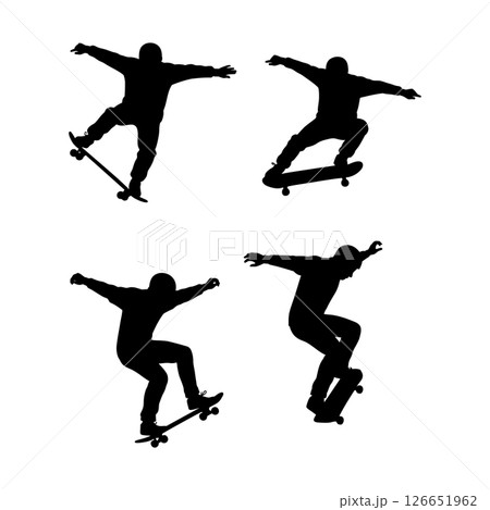 Skateboarder silhouette performing tricks in dynamic poses vector illustration 126651962
