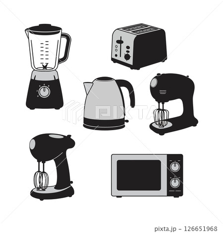 Kitchen appliances blender toaster electric kettle mixer microwave set vector illustration Kitchen appliances blender toaster electric kettle mixer microwave set vector illustration 126651968