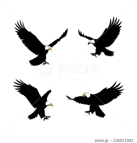 Bald eagle flying silhouette vector set with spread wings in various attack poses 126651982