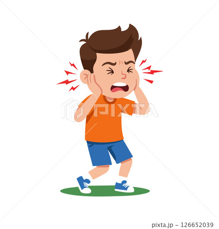 Boy experiencing ear pain with orange shirt and blue shorts vector illustration Boy experiencing ear pain with orange shirt and blue shorts vector illustration 126652039