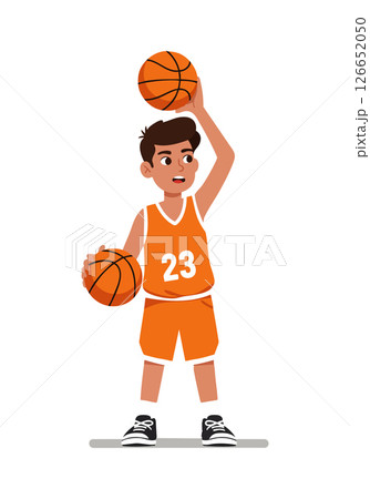 Boy playing basketball in orange sportswear holding two balls vector illustration 126652050