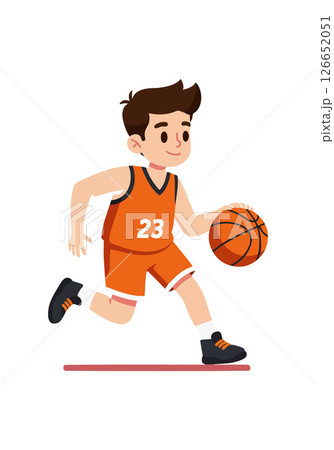 Boy Playing Basketball Dribbling Orange Ball in Sports Jersey Illustration 126652051