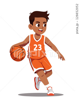 Young boy basketball player dribbling ball in orange jersey and sneakers vector illustration 126652052