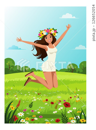 Woman jumping happily in flower field under blue sky with clouds summer scene vector 126652054