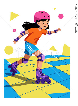 Girl roller skating in orange shirt and blue shorts with protective gear vector illustration 126652057