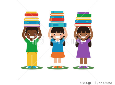 Children carrying colorful books on heads diverse kids education learning concept vector illustration Children carrying colorful books on heads diverse kids education learning concept vector illustration 126652068