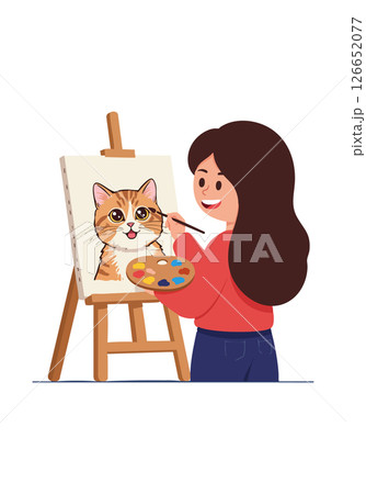 Woman painting cute cat portrait on easel with palette and brush vector illustration Woman painting cute cat portrait on easel with palette and brush vector illustration 126652077