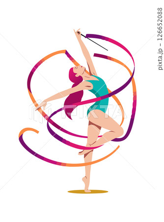 Female Rhythmic Gymnast Dancing with Colorful Ribbon in Dynamic Pose Vector Illustration 126652088