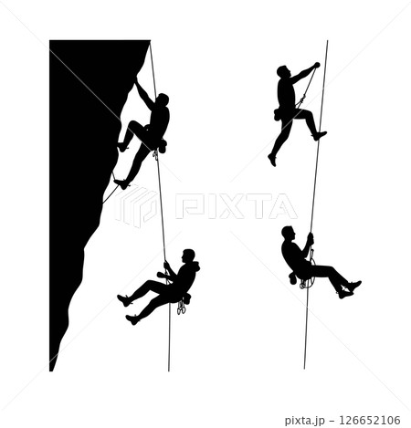 Rock climbing silhouettes with safety rope and harness in outdoor adventure vector illustration 126652106
