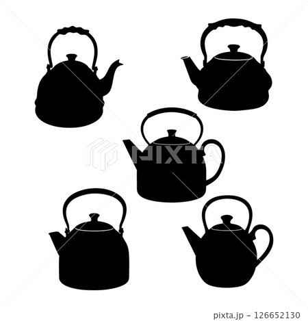 Tea kettle silhouettes set with various handle and spout shapes vector illustration Tea kettle silhouettes set with various handle and spout shapes vector illustration 126652130